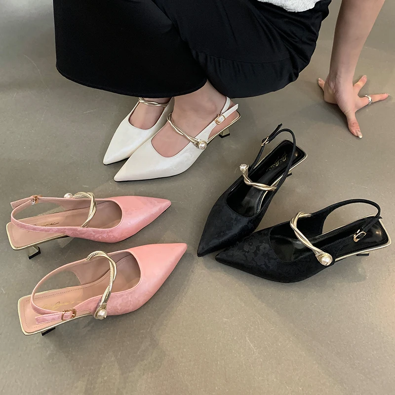 Slingbacks Pumps Women Heels Fashion Footwear Sandals Shoes For Female Pink Pointed Toe Ladies Buckle Strap High Heels Shoes