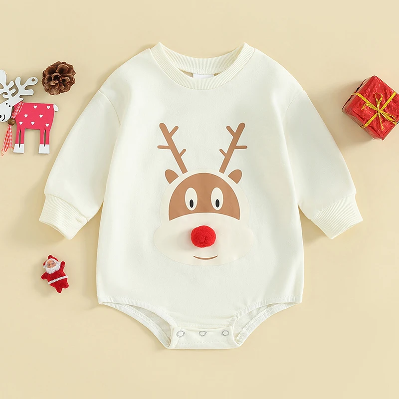 

2023-10-03 Lioraitiin Toddler Baby Girls Boys Sweatshirts Rompers Christmas Clothes Deer Print Crew Neck Long Sleeve Bodysuits