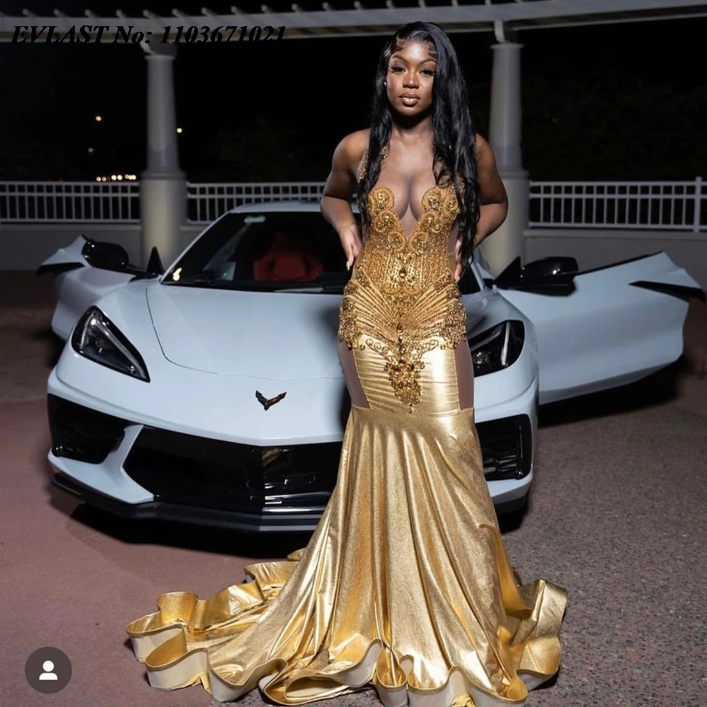 EVLAST Customized Gold Diamonds Mermaid Prom Dress For Black Girls Rhinestone Beaded Formal Party Gala Gown Robes De Soiree P15