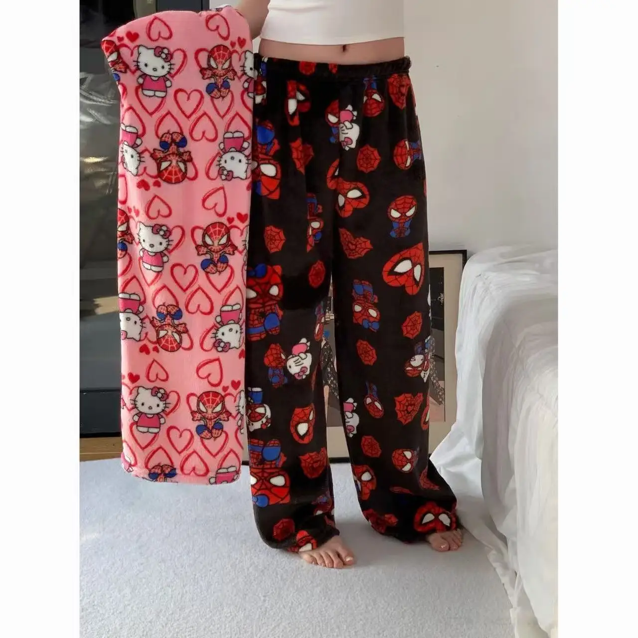New Kawaii Y2k Autumn Hello Kitty Batman Pajama Pants Cartoon Hip Hop Ladies Warm Casual Flannel Cute Pants Plush Style Clothing view 2