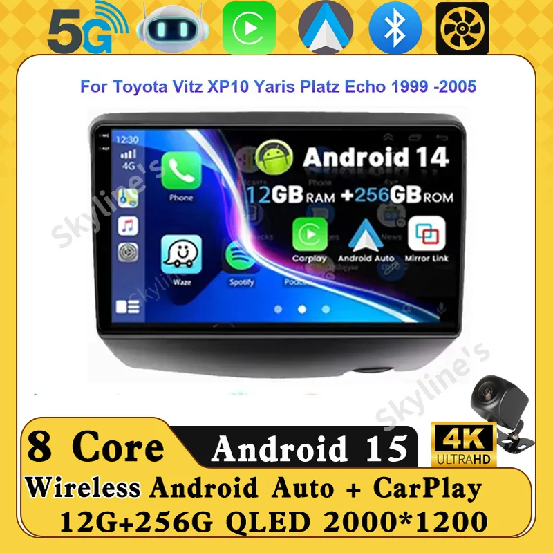 

Для Toyota Vitz XP10 Yaris Platz Echo 1999-2005 Автомобильный радиоприемник Мультимедийный видеоплеер Навигация 5G wifi Android 15 No 2 din dvd