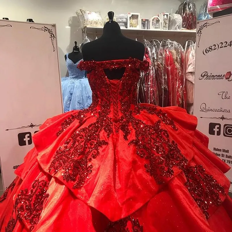 Lujoso Vestido De fiesta rojo brillante con lentejuelas, sin hombros, quinceañera, fiesta De graduación, 15, 16 años