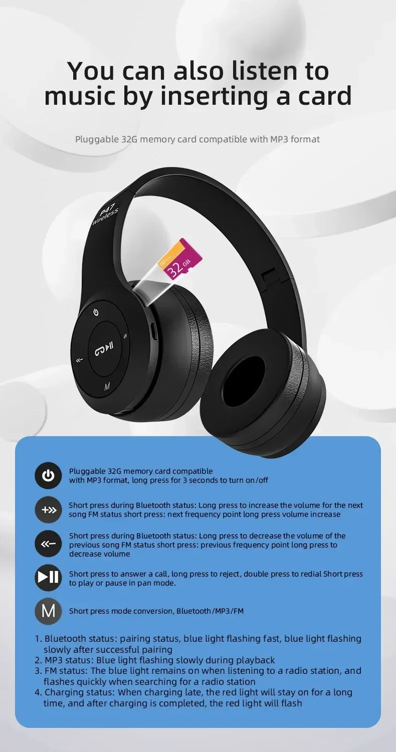 Stereo P47 Headset 5.0 Bluetooth Headset Folding Series Wireless Outdoor SportsHeadset für iPhone Samsung PC Spielzubehör – Detail 5