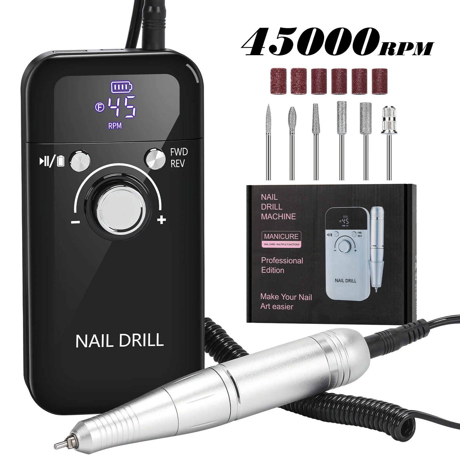 45000RPM Nail Drill Machine Portable Nail Polish Gel Sander Electric Professional Nail Lathe with LCD Display Nail Art Tools