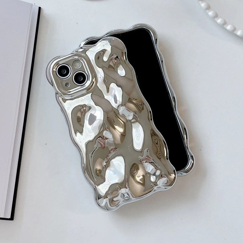 Wavy 3D Meteorite Texture Plating Silver Phone Back Case For IPhone 16 15 14 13 12 11 Pro Max Cover Camera Lens Protective Cover