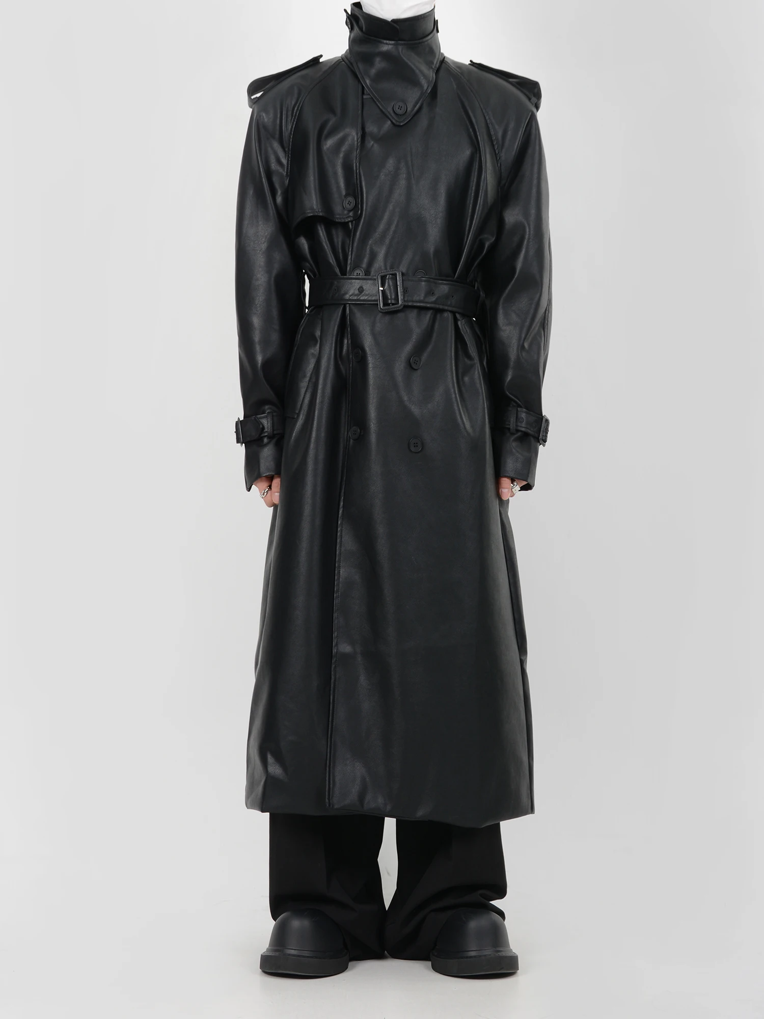 

Luce Garment Youth Faion PU Leather Coat Long Length Patchwork Deconstructed Silhouette Waterproof Winter Windbreaker