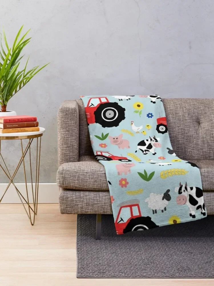 Cute Kids Red Tractor Farm Animal Pattern Cartoon Throw Blanket For Sofa Thin for winter Decorative Beds Blankets