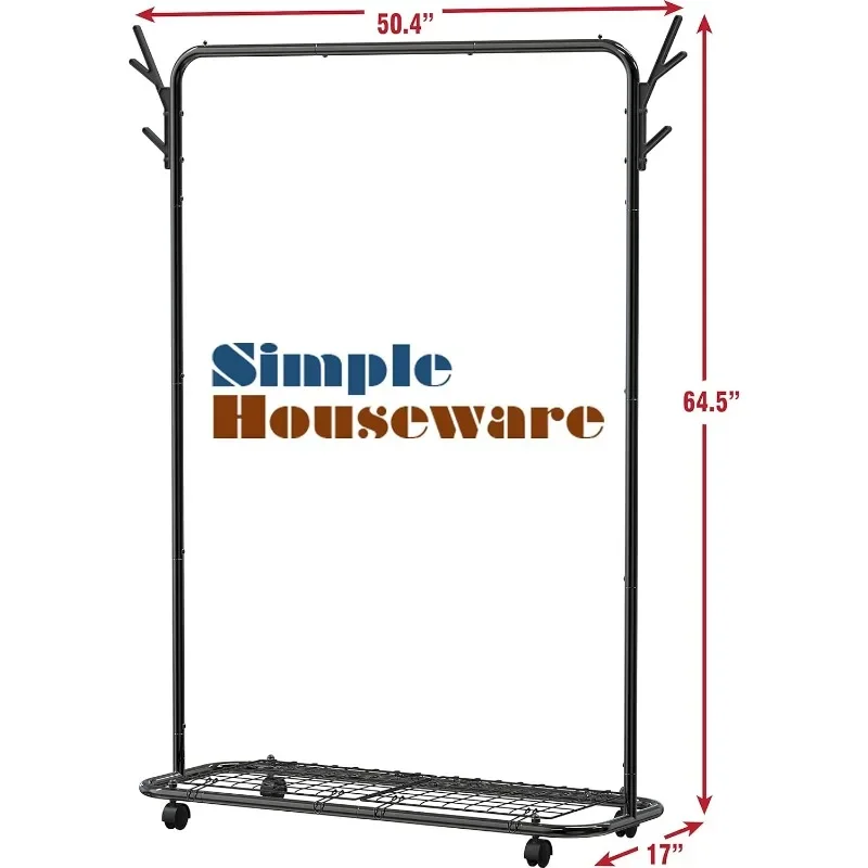 Industrial Style Garment Rack With Wheels And Hooks, Black