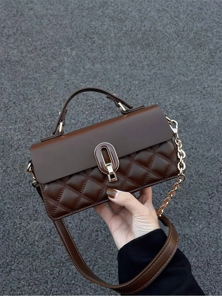 2022 New Autumn/Winter Brown Bag Women's Fashion Lingge Handbag Sense Commuter Work One Shoulder Crossbody Bag