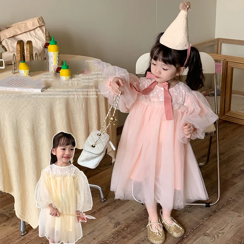 Childrens Girls Princess Dress Korean Autumn Mesh Lace Bubble Sleeve Baby Girls Dress Gauze Ruched Toddler Girls Dress