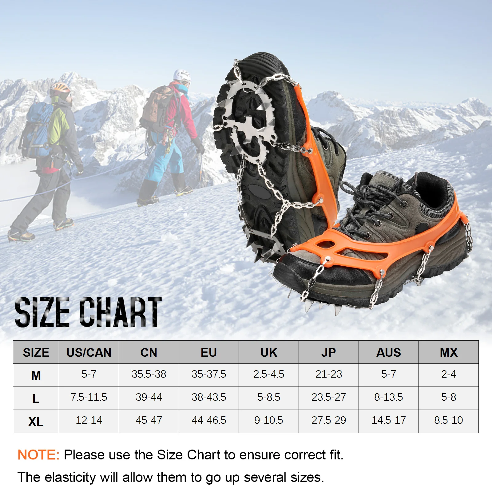 No lumping Crampon 18 Spikes Traction Cleats Women Men Anti-slip Ice Snow Grip with Storage Pouch Walking Hiking Fishing Crampon