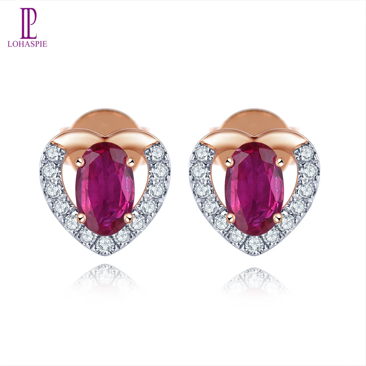 

LP 14 K Rose Real Gold Stud Earrings Natural No Heated Ruby & Diamonds Earring Heart Shape Fine Jewelry Women's Exquisite Gift