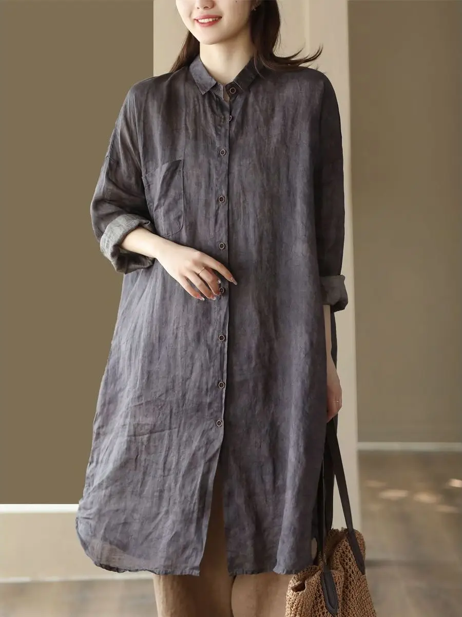 Retro algodão linho irt tamanho grande feminino cor pura k estampado comprimento médio único ket aberto cardigan outono nova chegada