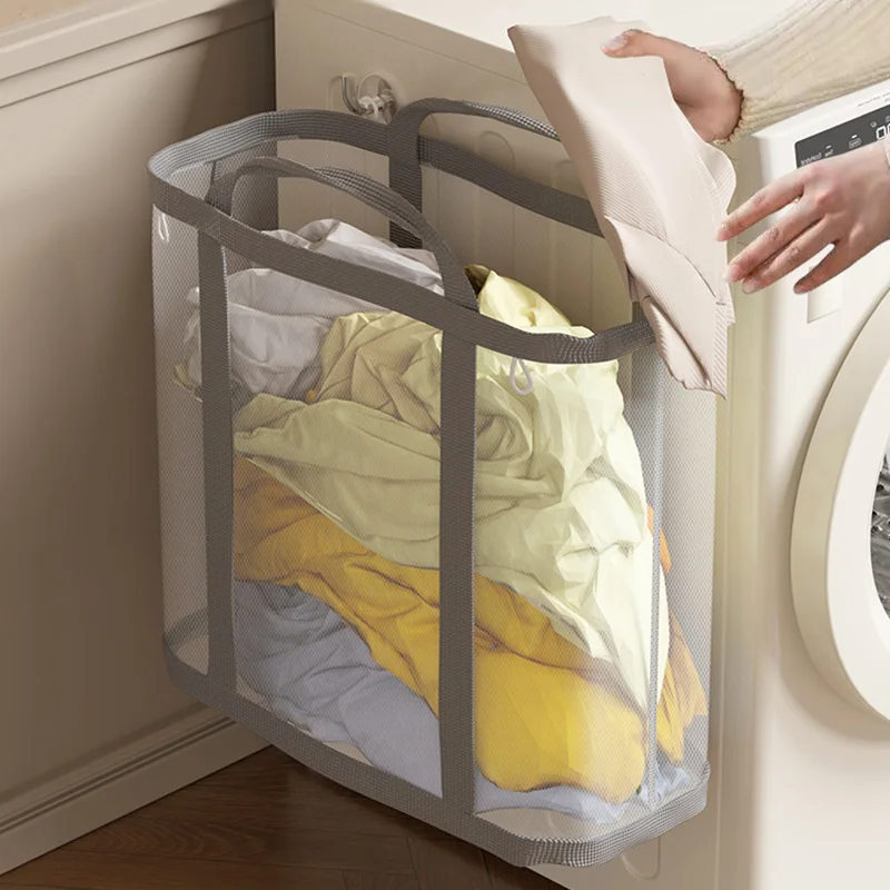 سلة غسيل شبكية من النايلون مع مقبض قابلة للتنفس وقابلة للطي ومحمولة لتنظيم الملابس القذرة وحقائب تخزين ألعاب ذات سعة كبيرة