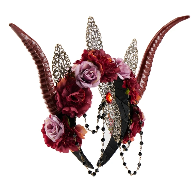 Long Evil Horn Headband for Adult Cosplay Costume Devil Horn Flower Hairhoop Halloween Party Tiaras Fringed Hairpieces