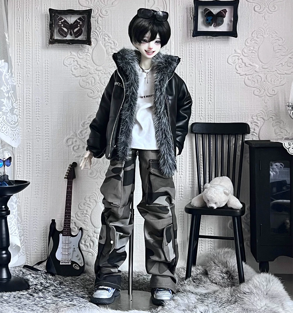 Doll's Clothes for 45cm Bjd Doll 1/4 Leather Jacket Cotton Robe Detachable Double Haired Collar Dress Up Toys Doll Accessories