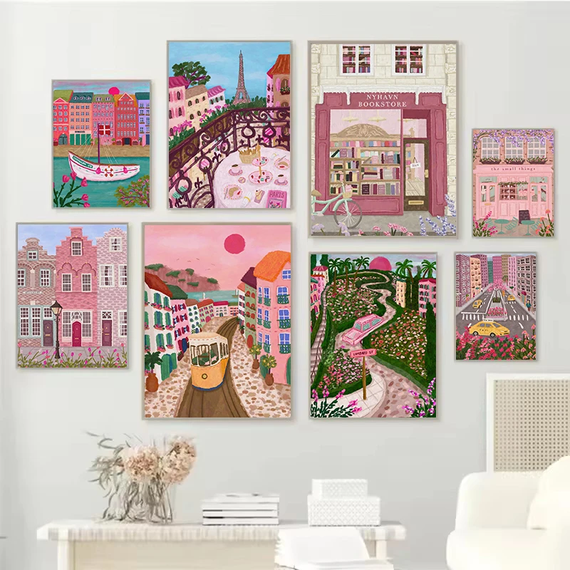 1pc frameless Canvas Painting Watercolor Travel City Landscape Paris New York Classical Bookstore Illustration Poster Canvas Pai