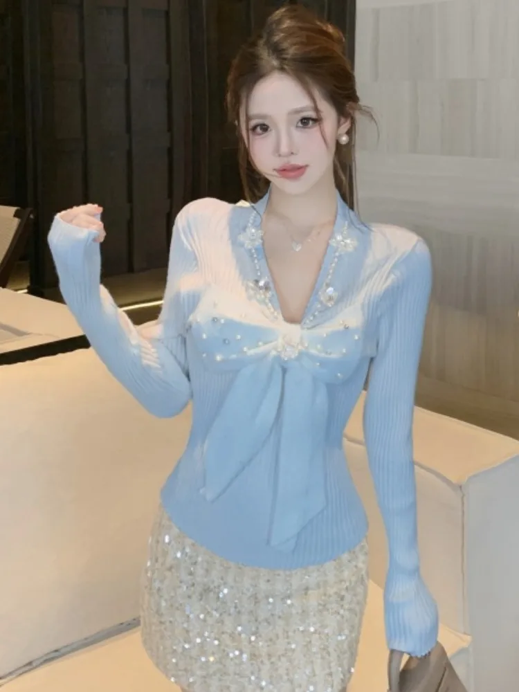 Elegant Diamond Embellished  Knot Slim Fit Knitwear Women's Fashion Autumn Winter Top Trendy Cozy V Neck Long Sleeve