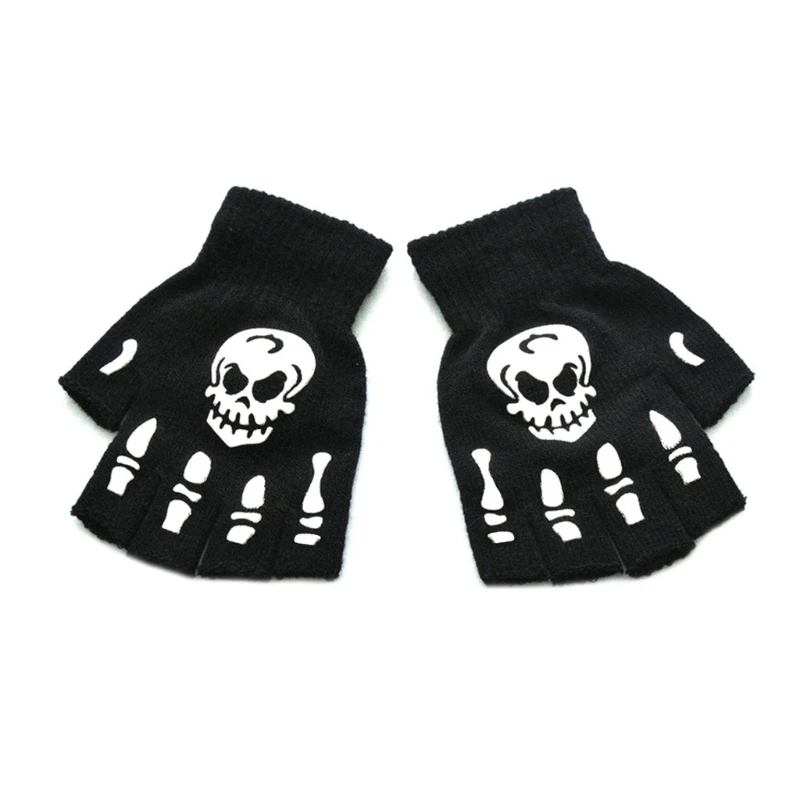 Men Women Halloween Skeleton Skull Half Finger Gloves Glow in the Dark Luminous Fingerless Stretch Knitted Mittens