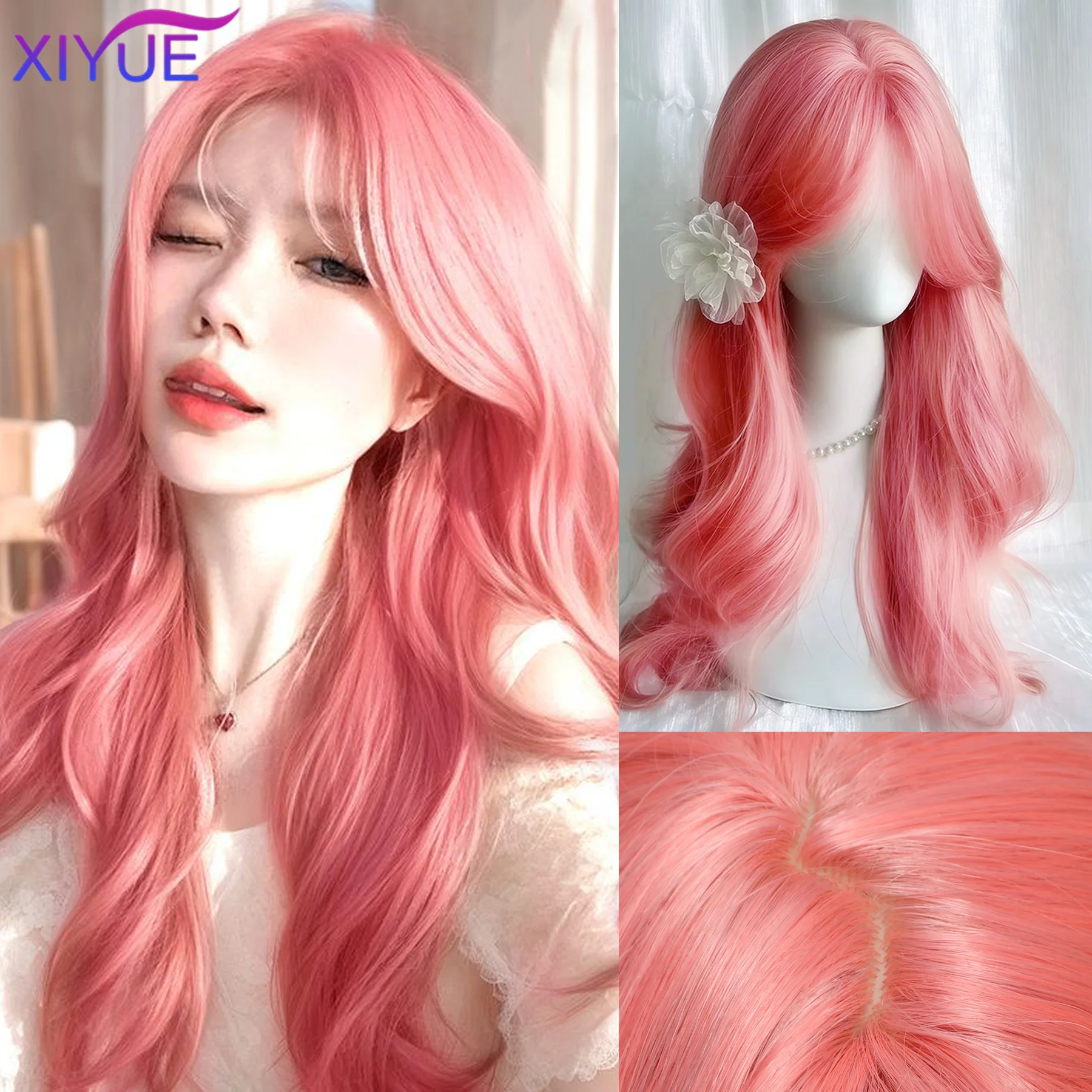 XIYUE Pink Wig Long Wavy Synthetic Wigs Middle Part Natural Wave Wig Heat Resistant Cosplay Party Daily Hair Wig Suitable Women