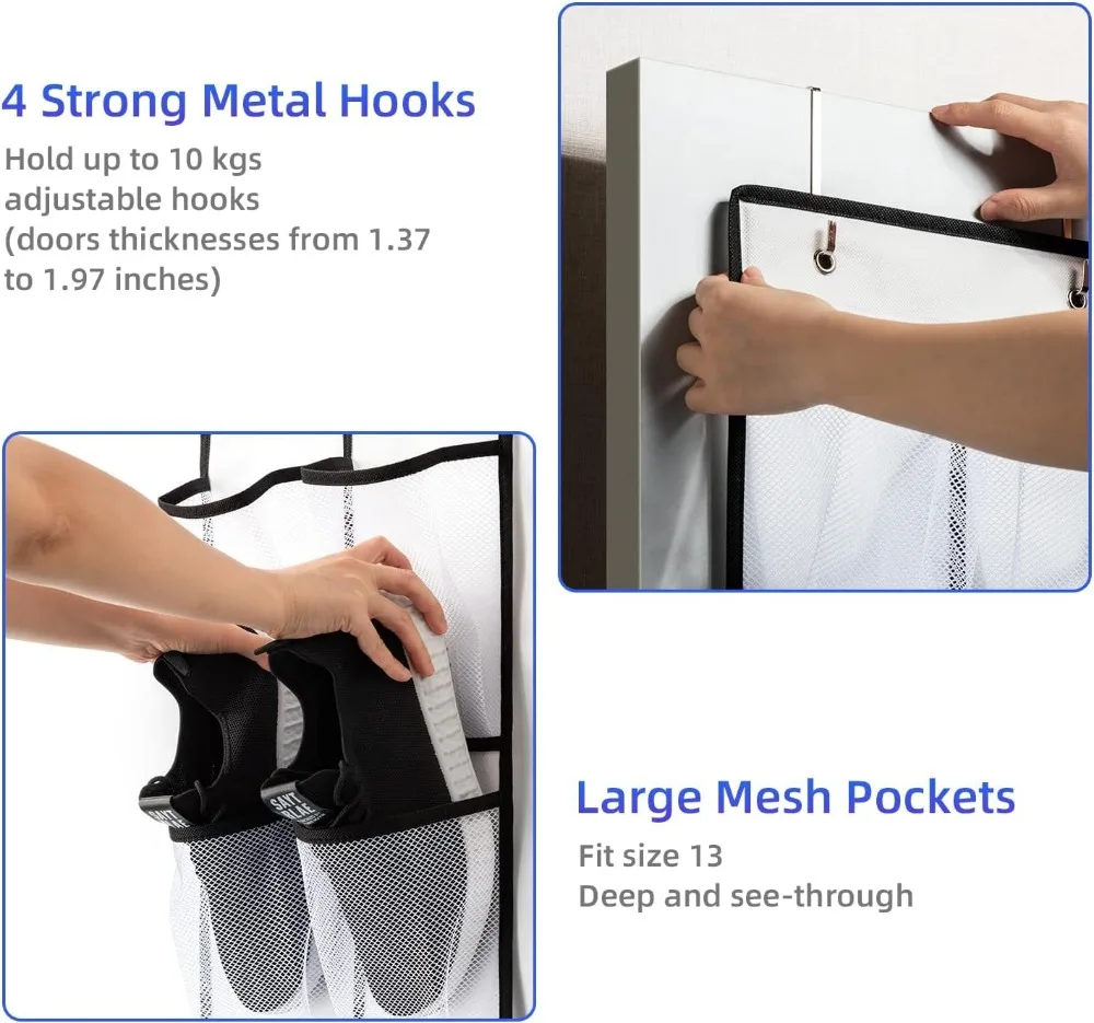 14 Pocket Over Door Shoe Organizer with 4 Hooks - Breathable Mesh Storage for Closet, Pantry, or Bathroom (2 Pack) view 3