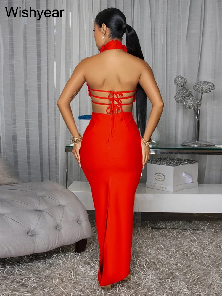 جديد الخريف الرسن أكمام عارية الذراعين انقطاع الأحمر 3D زهرة فستان طويل ماكسي للنساء أنيقة مثير مساء حفلة عيد ميلاد Vestido