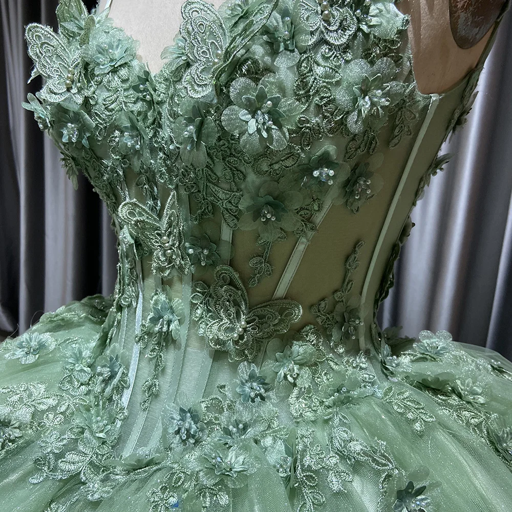 Light Green Off The Shoulder Ball Gown Quinceanera Dresses For Girls Beaded 3D Flowers Birthday Party Gowns Lsyb08