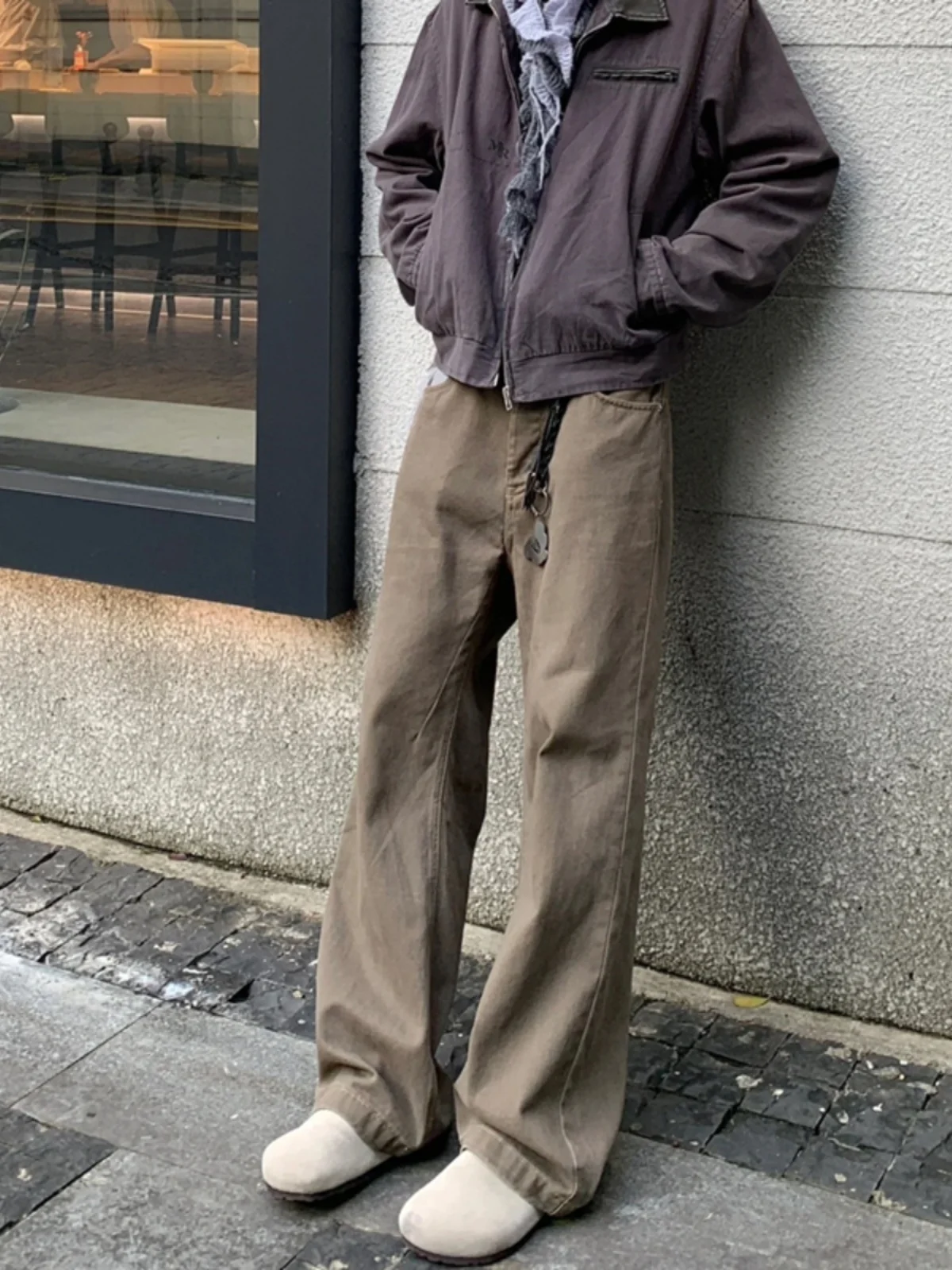American Retro Coffee Color Faded Jeans Men's Spring Autumn Cleanfit Loose High Waist Straight Leg Long Pants Casual Wear