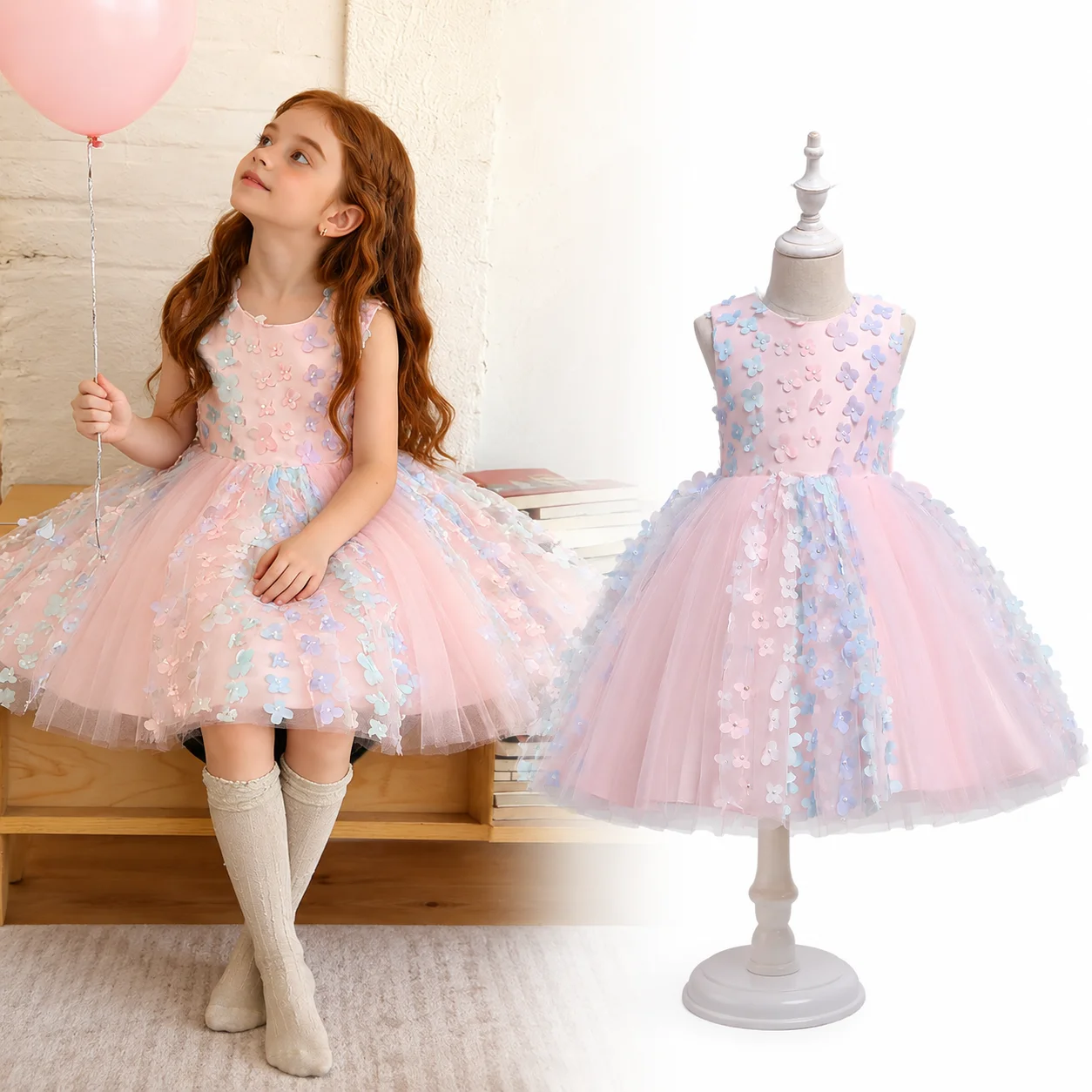 Toddler Girl Dress 3D Flower Tulle Princess Ball Gown Puffy Birthday Party Dresses Bow Flower Girls Wedding Pageant Kids 2-7Y