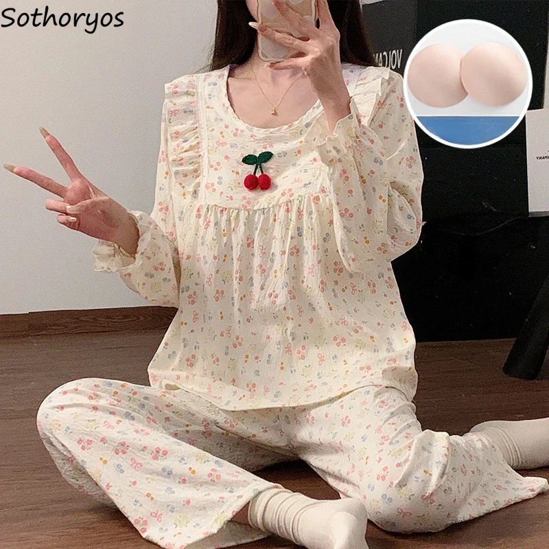 Print Pajama Sets Women Cherry Design Sweet Princess Tender Padded Sleepwear Aesthetic Ulzzang College Girls Casual Dormitory