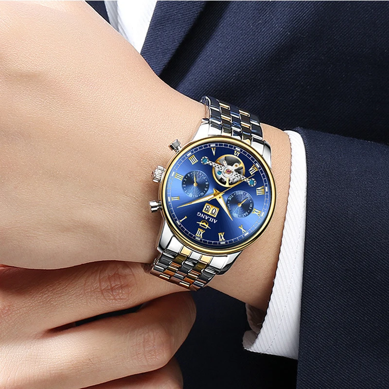 AILANG Fashion Men Mechanical Watches Luxury Stainless Steel Waterproof Luminous Tourbillon Clock Men's Calendar Automatic Watch