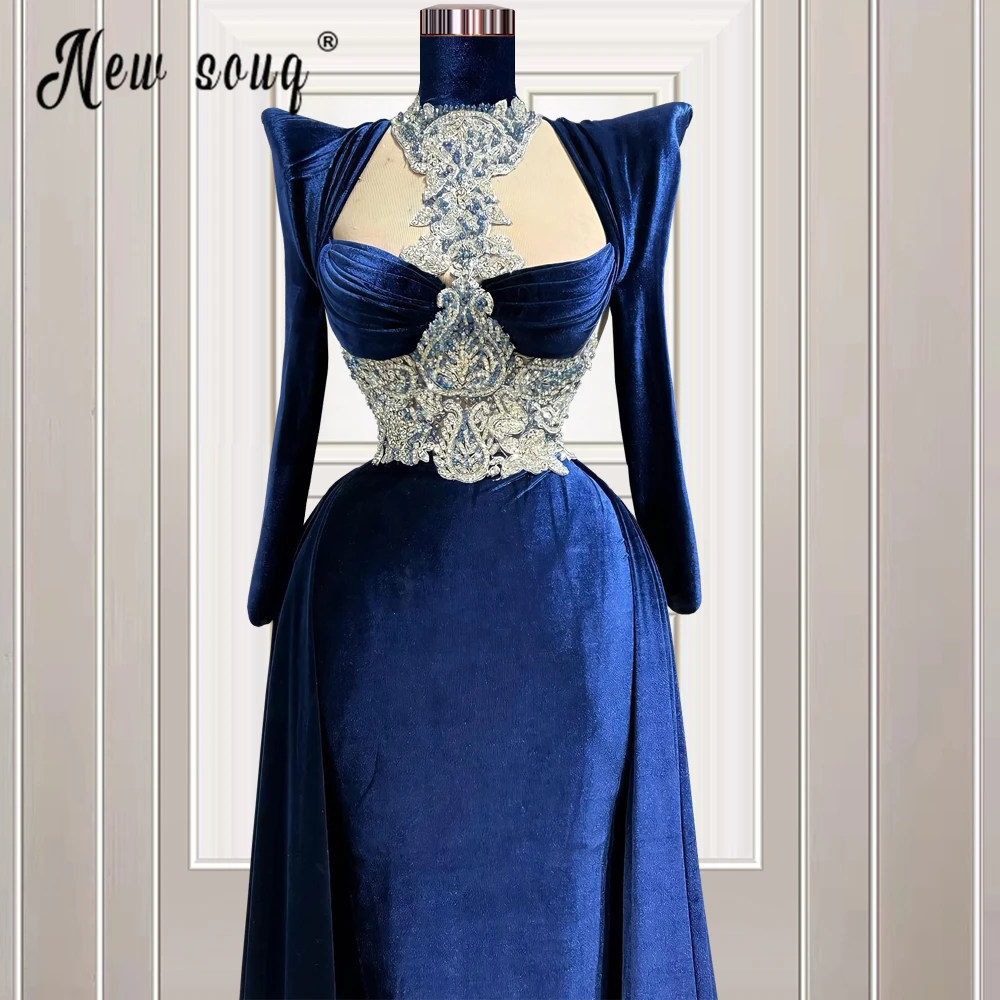 Velvet Royal Blue Beading Long Sleeve Evening Dress with Train 2023 Women Luxury Crystals Prom Party Gowns Custom Made Vestidos