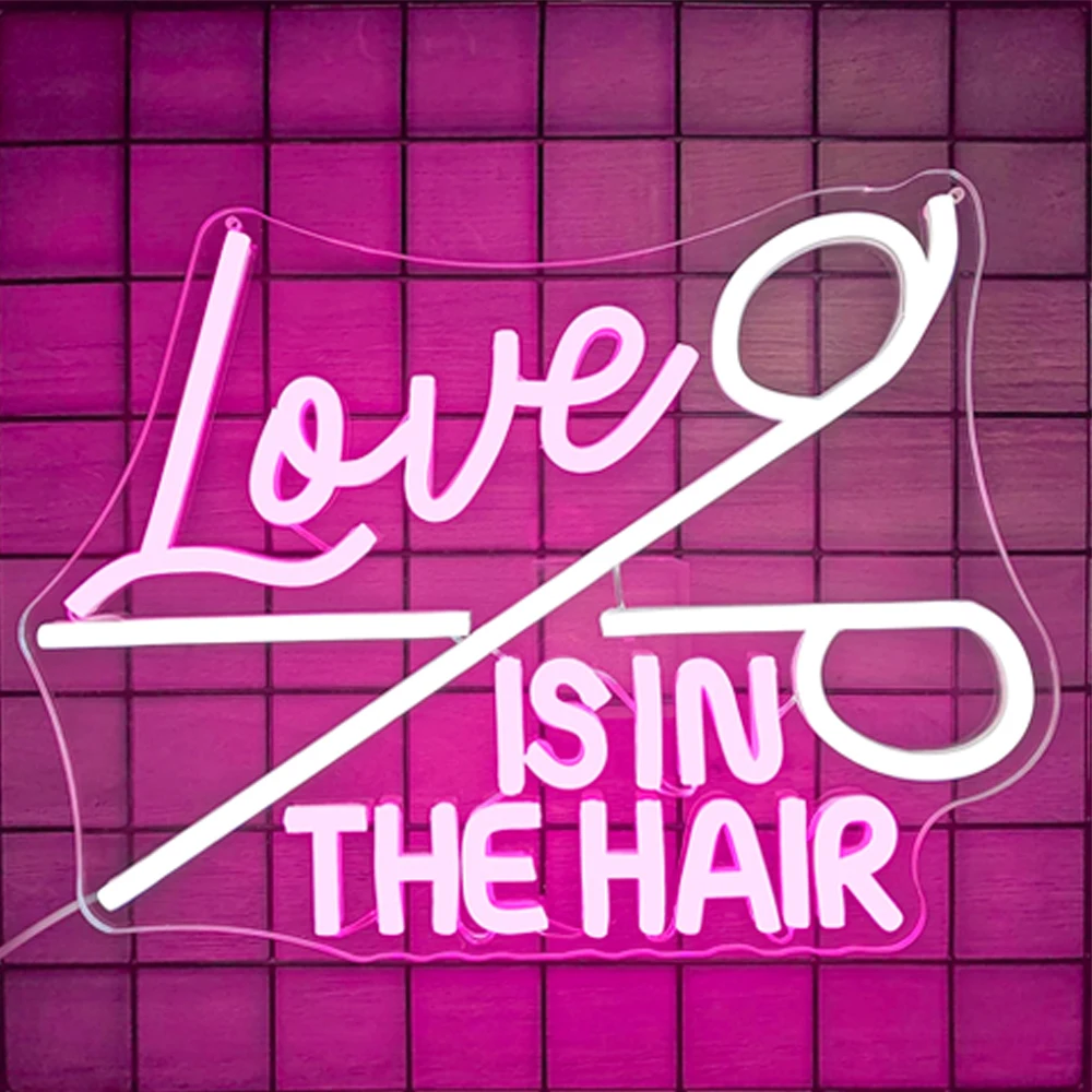 Love Is In The Hair Pink Neon Sign Nail Salon Barber Wall Decor Dimmable Room Decoration For Haircut Shop Scalp Care Art Signs