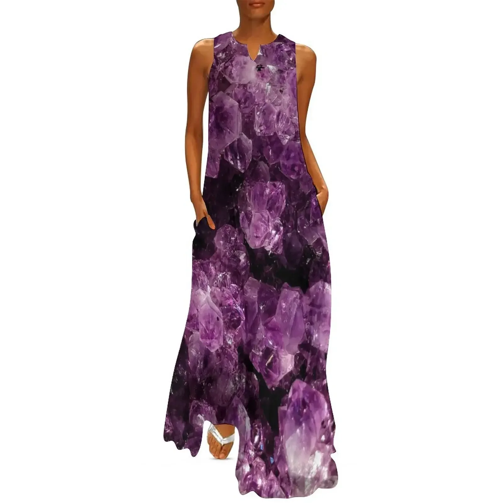 

Geode Agathe Amethyst purple and light pink magic mineral rock slice in half with pastel purple and violet Long Dress