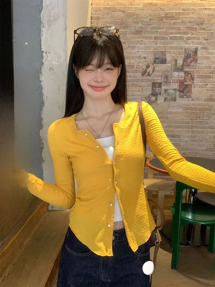 

Song Zhengen Yellow Knitted Open Cardigan Women's Slim Fit Long Sve Outerwear Spring New Sle Faionable High End Top