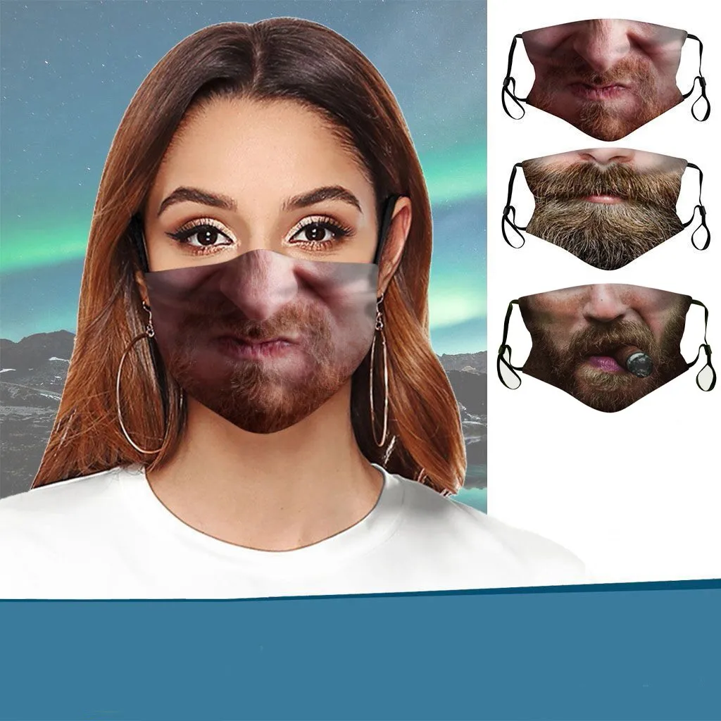 Unisex Printed Masks Funny Masks Creative Simulation Beard Fun Party Personality Reusable Funny Face Printed Face Mask