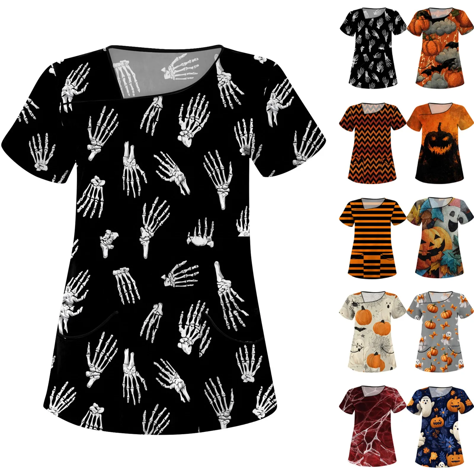 Dames Halloween bedrukte korte mouwen schuine kraag zak voedingstop schoonheidssalon scrubs T-shirts basisverpleeguniform
