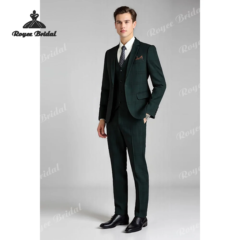 Dark Green Plaid Three Piece Men's Wedding Suit 2026 Notched Lapel Single Breasted Evening Suit Customized trajes para hombre