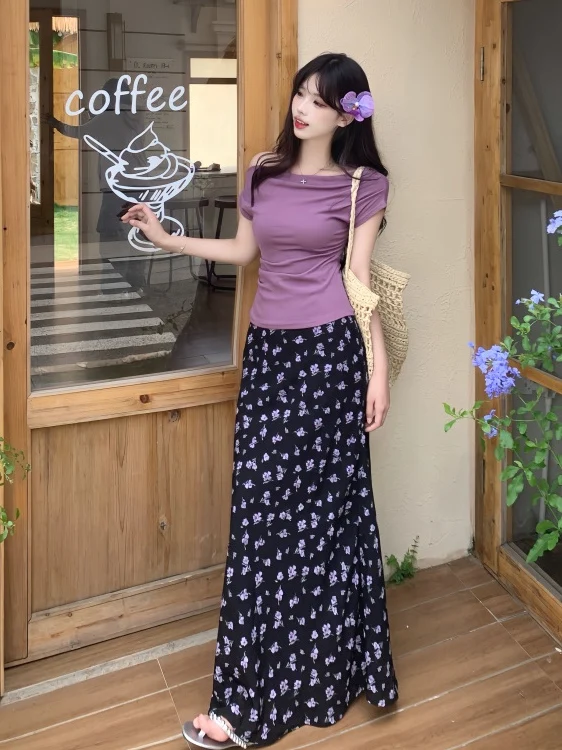 

plus Size Women's Purple One oulder ort Sve T-irt And Floral ter Skirt Set Summer New Sle Commute Korean Slim Fit
