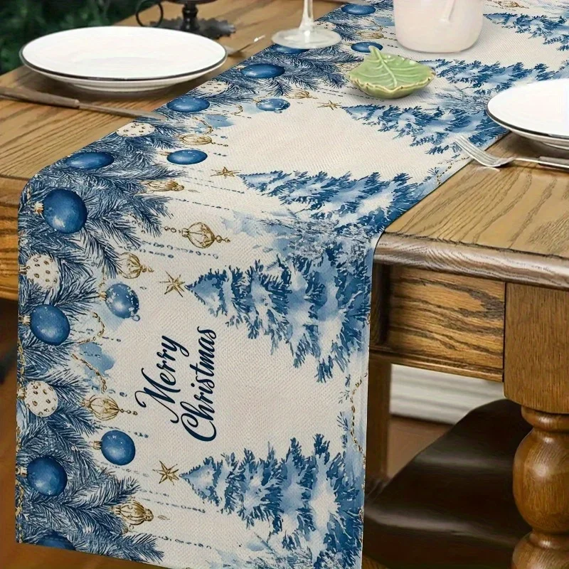 Bohemian style elegant beige and gold Christmas table runner with cedar cones, holly berries and mini tree for Christmas party d
