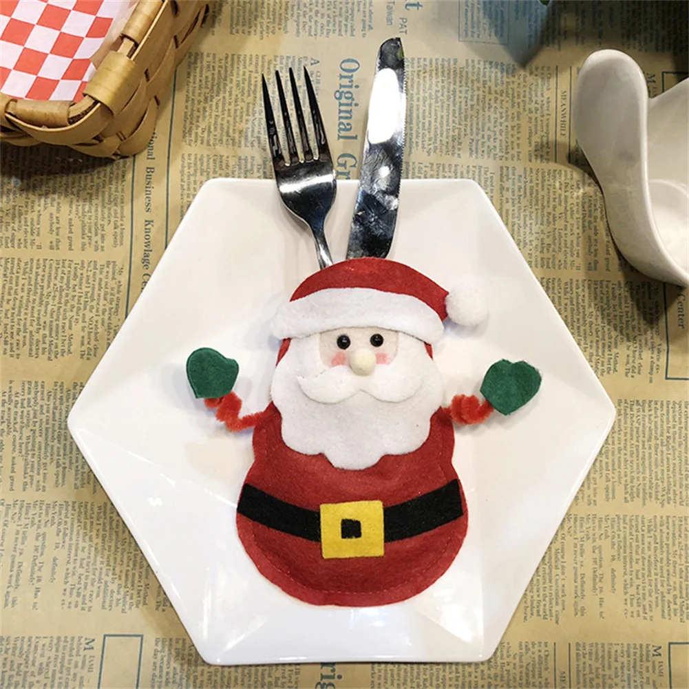 Merry Christmas Fork Knife Cutlery Bag Santa Claus Snowman Elk Cloth Knives Case Home Kitchen Utensils Xmas Party Decorations