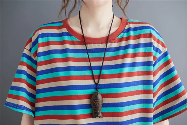 プラスサイズの女性の T-irt 韓国 Sle 夏カジュアルルーズスリムストライプラウンドネオート Sve トップお腹カバーコットン