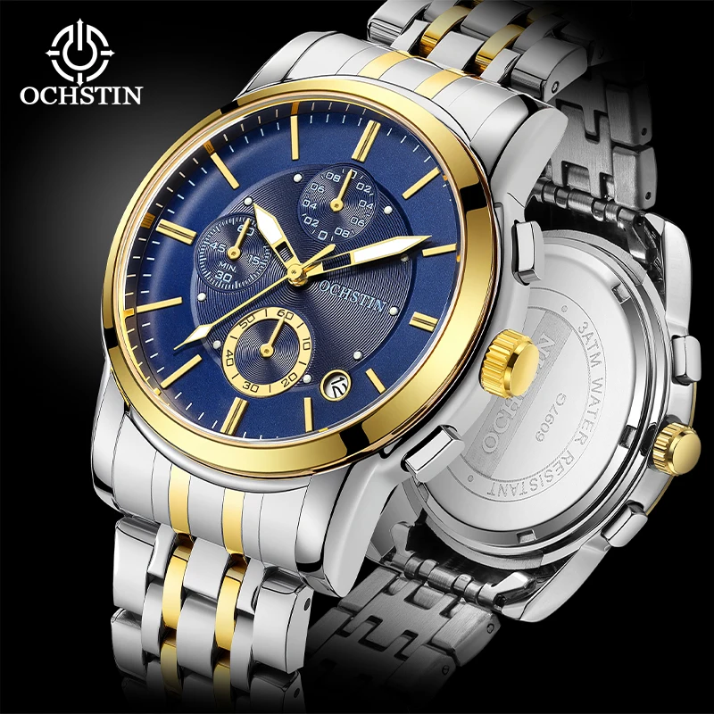 

OCHSTIN наручные часы с ремешком из нержавеющей стали, мужские многофункциональные кварцевые часы, мужские часы серии Adventurer, мужские популярные часы