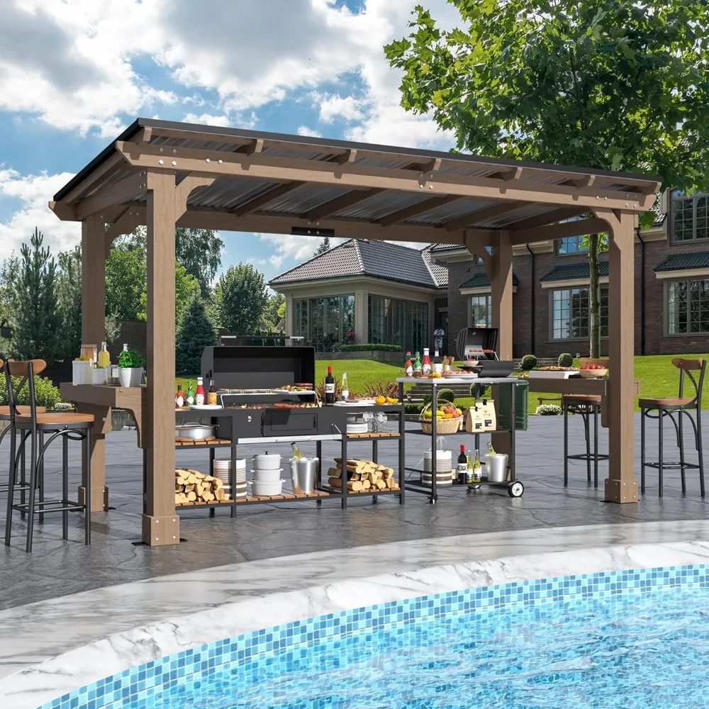 

6 x 13 FT Wooden Grill Gazebo with Sloping Metal Roof, BBQ Canopy with Stakes for Outdoor Patio, Garden, Lawn, Light Mocha Brown