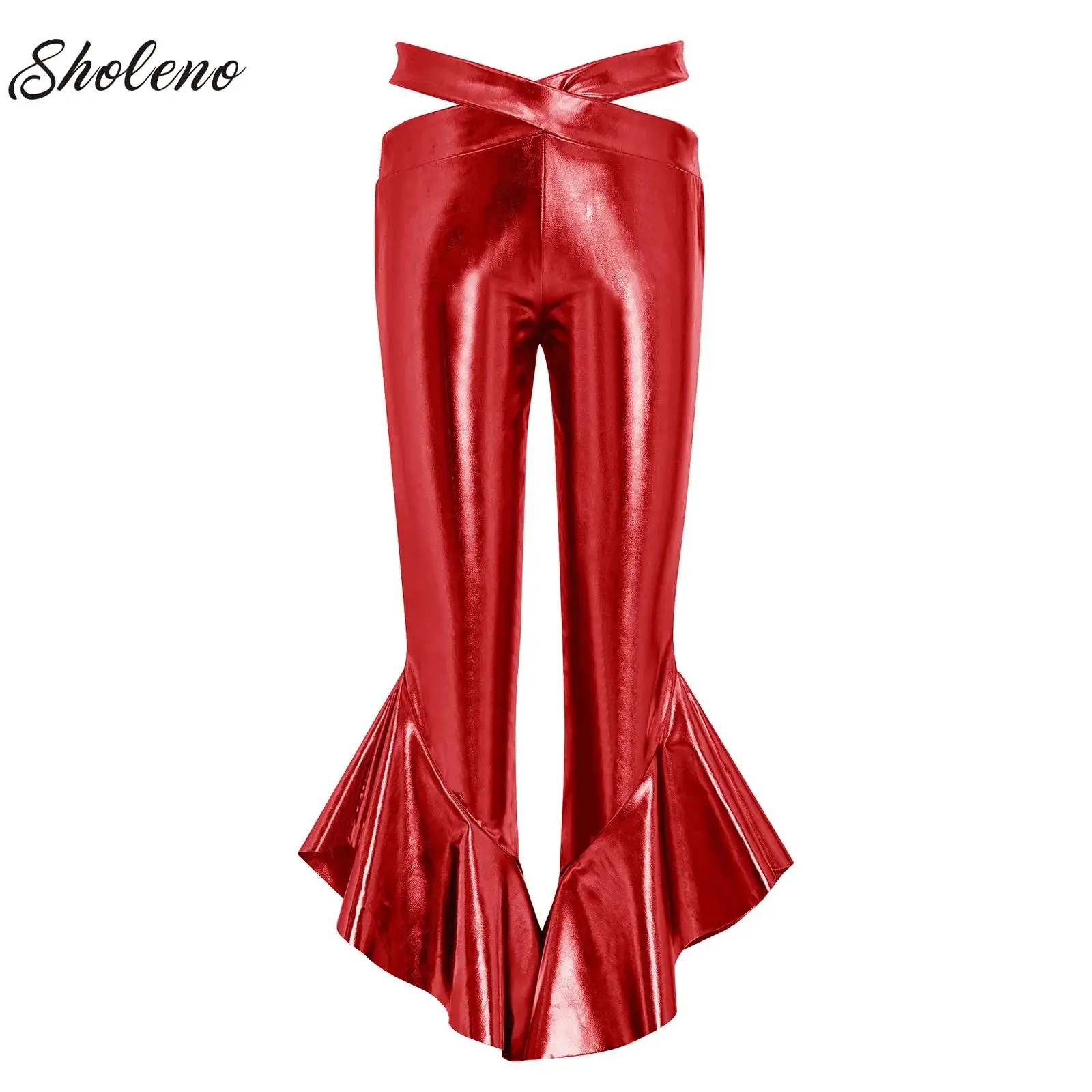 

Kids Girls Shiny Flare Trousers Metallic Bell Bottoms Ruffle Wide Leg Pants Retro 70s Retro Disco Costume Stage Prom Trousers