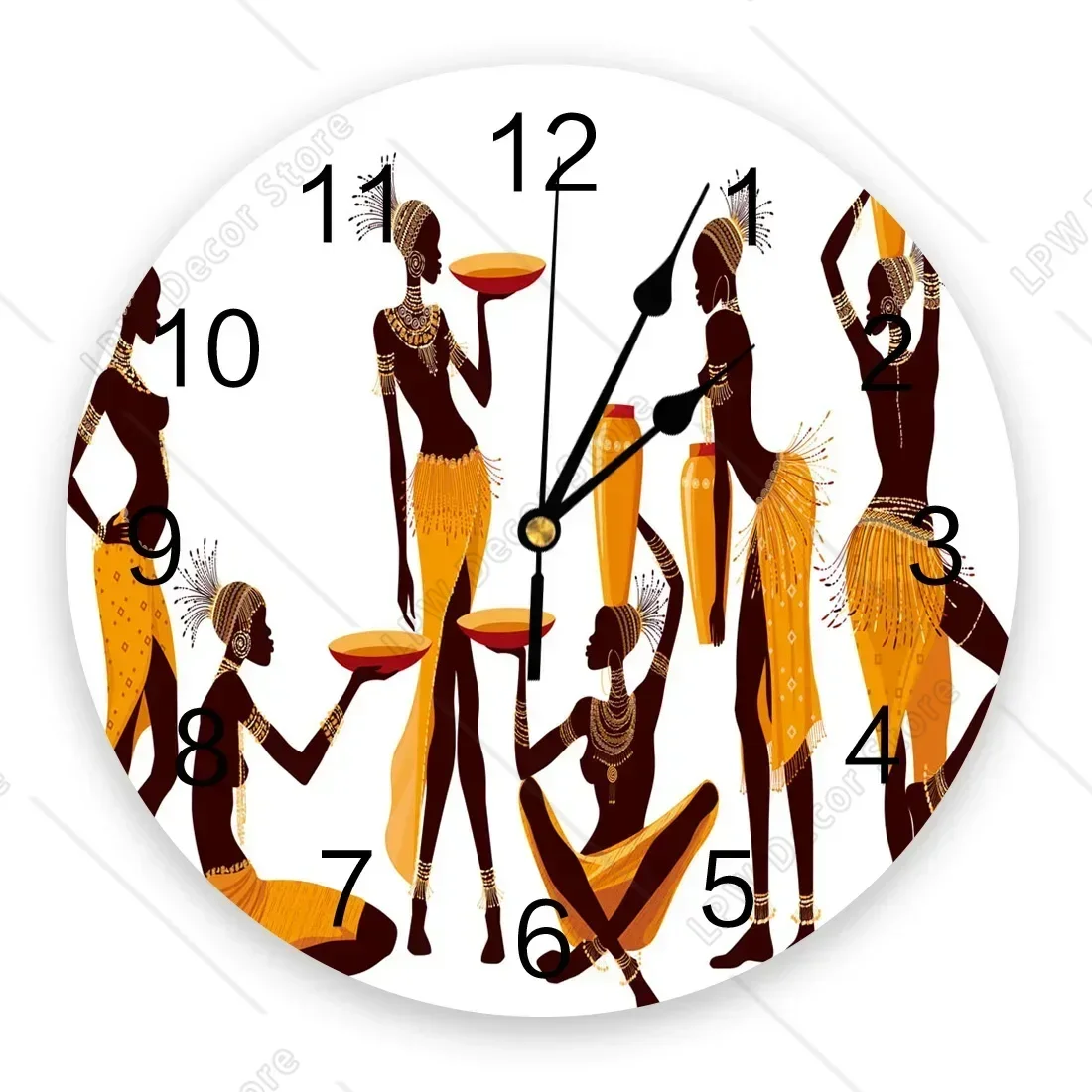 African Woman Yoga Vase Silhouette White Round Wall Clock Hanging Silent Clock Home Interior Bedroom Living Room Office Decor