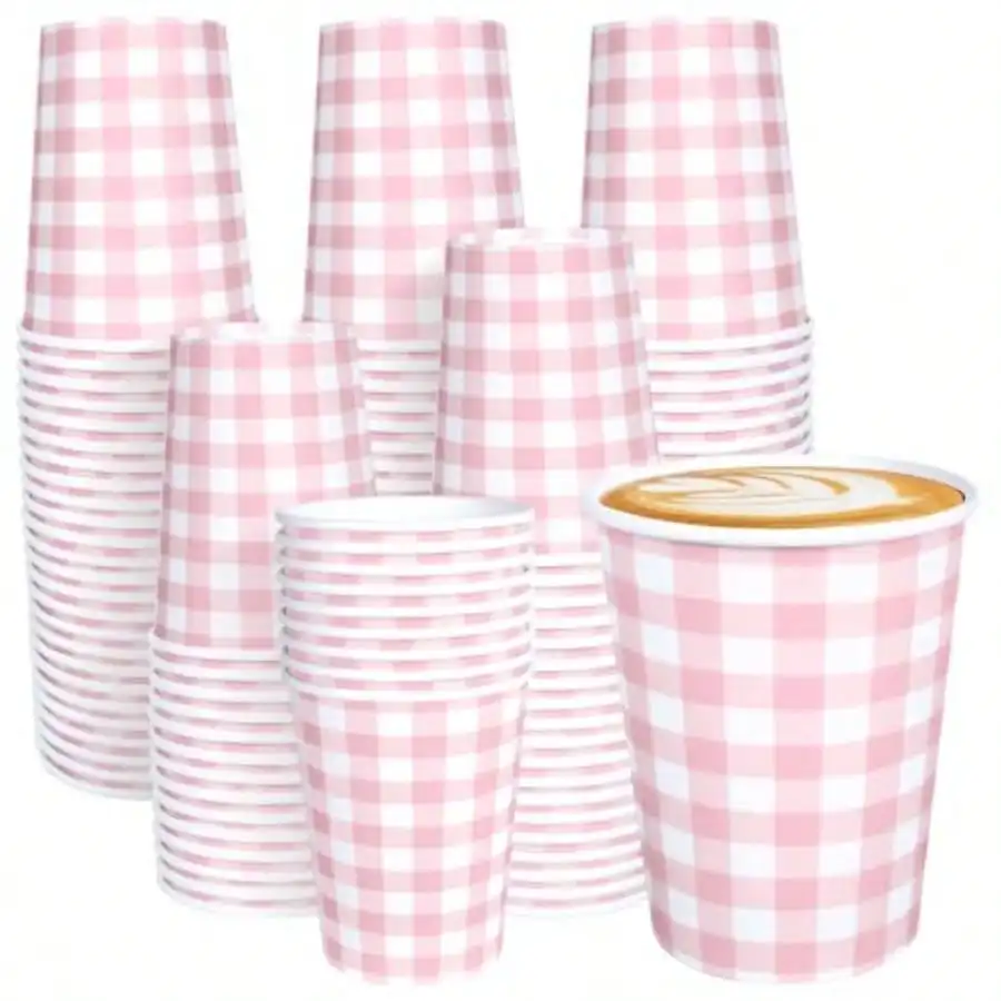 

T100 Pcs Gingham Paper Drinking Cups Pink Checkered Disposable Cups For Girl Baby Shower Bridal Picnic Birthday Hot Cold Beverage Pink Gingham Party Plies And Decorations 9 OzI