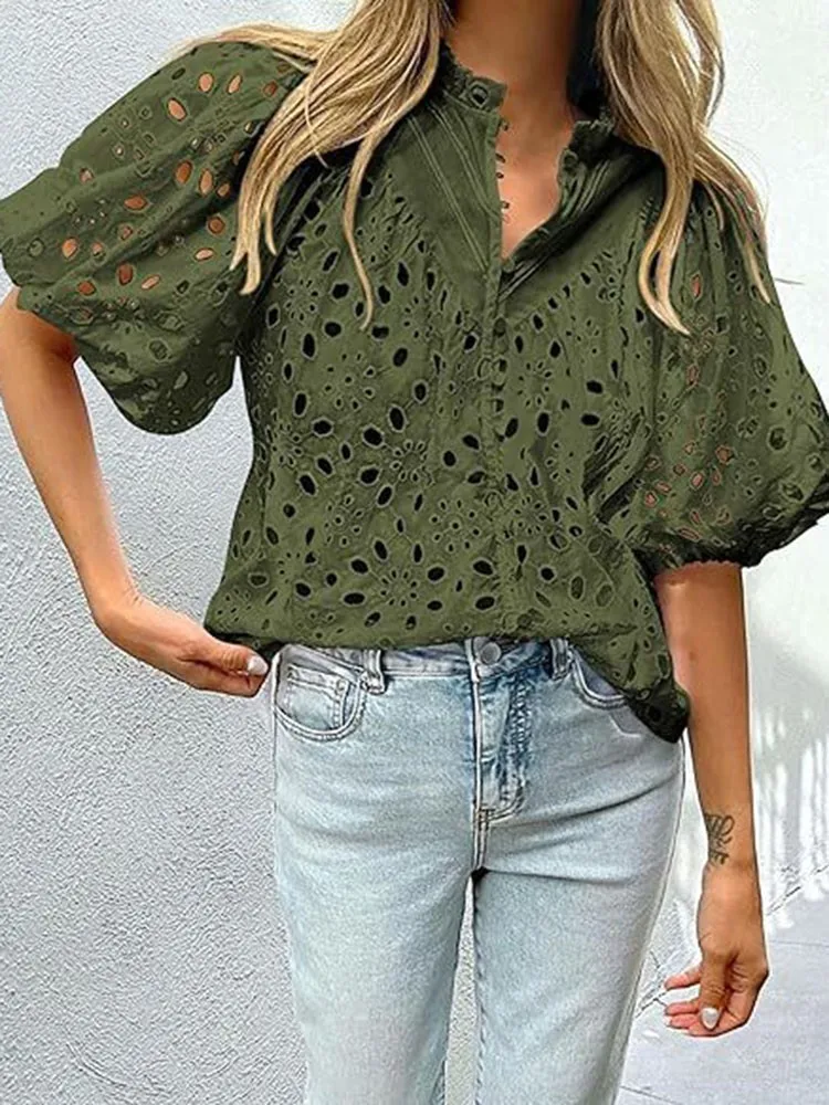 Women\'s Shirt Summer Hollowed-out Lace Jacquard Blouse Spring Stand Collar Button Shirt Lantern Short Sleeve Office Tops Women