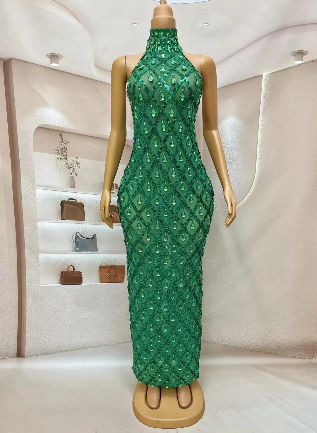 Sparkly Green Sequins Sleeveless Birthday Dresses Women Shiny Evening Celebrate Outfit Stretch Mesh Diamonds Dress Shaokaojia