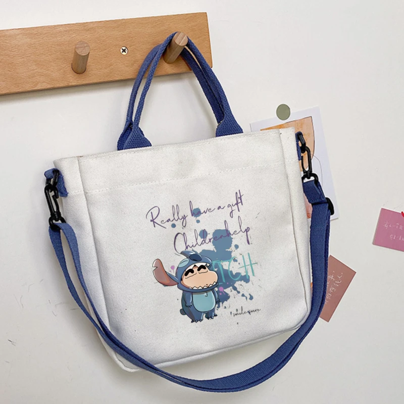 Kawaii Shin-chan & Stitch طباعة قماش حقيبة كتف قماش حمل حقيبة يد للجنسين غلق بمشبك حقيبة كروسبودي حقيبة تسوق
